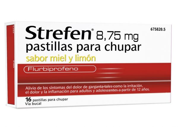 Strefen contiene flurbiprofeno. Se utiliza para el alivio de los síntomas del dolor de garganta, como irritación e inflamación.