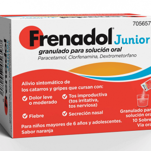 Frenadol junior es un antigripal que mejora los síntomas del resfriado, fiebre, tos y congestión nasal, para mayores de 6 años.
