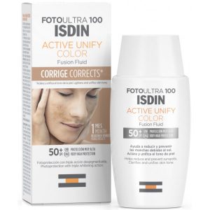 Isdin FotoUltra 100 Active Unify fotoprotector facial fluido que aclara y unifica el tono de la piel con triple acción despigmentante que aclara y unifica el tono de la piel.