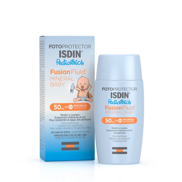Isdin Fusion Fluid Mineral Baby SPF 50 es un protector fluido 100% mineral con filtros físicos especialmente formulado para la piel frágil del niño