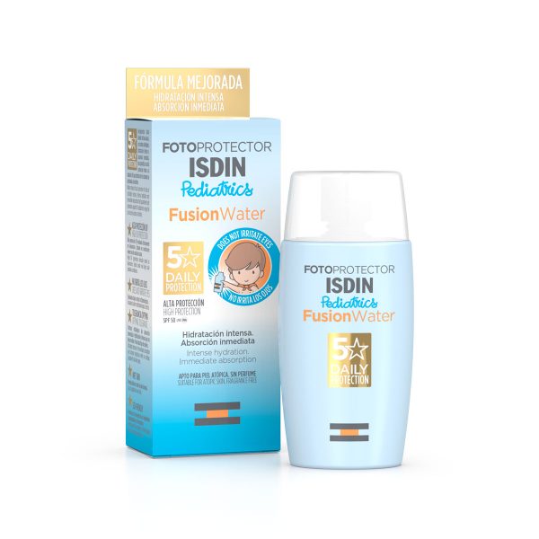 Isdin FusionWater Pediatrics SPF 50 es un protector solar ultraligero de uso diario con alta protección UVB y UVA SPF 50